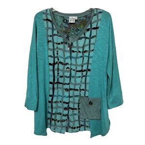 Parsley & Sage Top S teal mixed print 3/4 sleeve button up‎ pocket lagenlook